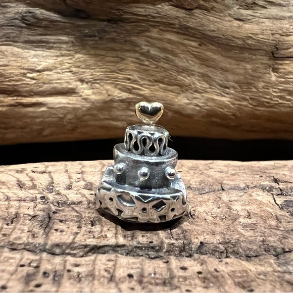 Authentic Pandora Charm 14k Gold Silver Celebration Cake Wedding Heart Birthday - Picture 3 of 8